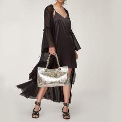 Pre Owned Etro Metallic Gold/Silver Paisley Embossed Leather Tote