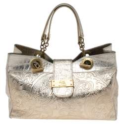 Pre Owned Etro Metallic Gold/Silver Paisley Embossed Leather Tote
