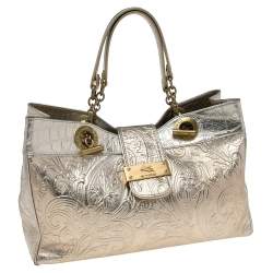 Pre Owned Etro Metallic Gold/Silver Paisley Embossed Leather Tote