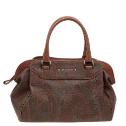 Pre Owned Etro Brown Paisley Coated Canvas and Lizard Embossed Leather Satchel