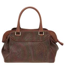 Pre Owned Etro Brown Paisley Coated Canvas and Lizard Embossed Leather Satchel