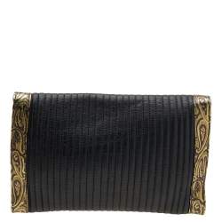 Pre Owned Etro Black/Gold Printed Leather Flap Clutch