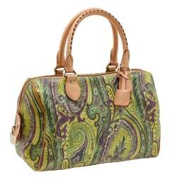 Pre Owned Etro Green/Brown Paisley Printed Coated Canvas And Leather Duffle Bag