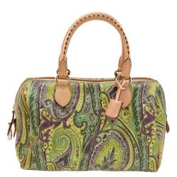 Pre Owned Etro Green/Brown Paisley Printed Coated Canvas And Leather Duffle Bag
