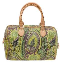 Pre Owned Etro Green/Brown Paisley Printed Coated Canvas And Leather Duffle Bag