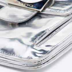 Pre Owned Etro Metallic Silver Leather Flap Crossbody Bag