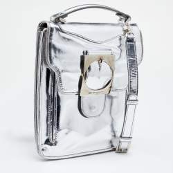 Pre Owned Etro Metallic Silver Leather Flap Crossbody Bag