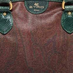 Pre Owned Etro Green/Brown Paisley Print Coated Canvas and Snakeskin Embossed Leather Chain Boston Bag