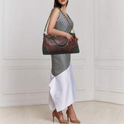 Pre Owned Etro Green/Brown Paisley Print Coated Canvas and Snakeskin Embossed Leather Chain Boston Bag