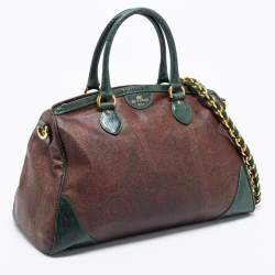 Pre Owned Etro Green/Brown Paisley Print Coated Canvas and Snakeskin Embossed Leather Chain Boston Bag
