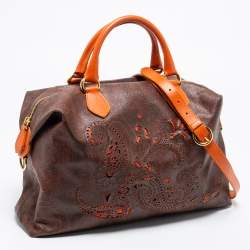 Pre Owned Etro Brown/Orange Paisley Print Coated Canvas and Leather Satchel