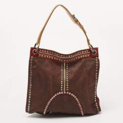 Pre Owned Etro Brown/Red Paisley Coated Canvas and Leather Studded Hobo
