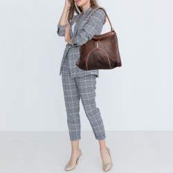 Pre Owned Etro Brown/Red Paisley Coated Canvas and Leather Studded Hobo