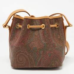 Etro Brown Paisley Printed Coated Canvas and Leather Drawstring Bucket Bag