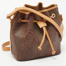 Etro Brown Paisley Printed Coated Canvas and Leather Drawstring Bucket Bag