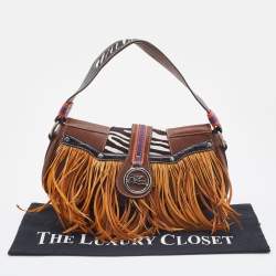 Pre Owned Etro Multicolor Leather and Calfhair Feather Flap Baguette Bag