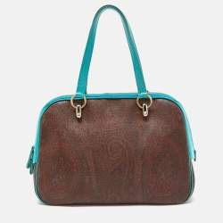 Pre Owned Etro Brown/Turquoise Paisley Print Coated Canvas Zip Dome Satchel