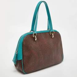 Pre Owned Etro Brown/Turquoise Paisley Print Coated Canvas Zip Dome Satchel