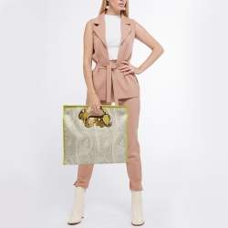 Pre Owned Etro Grey/Green Paisley Coated Canvas and Python Embossed Leather Detail Bag