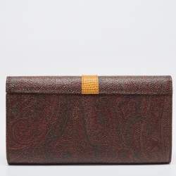 Pre Owned Etro Brown/Mustard Paisley Print Coated Canvas and Leather Flap Continental Wallet