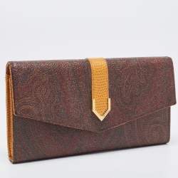 Pre Owned Etro Brown/Mustard Paisley Print Coated Canvas and Leather Flap Continental Wallet