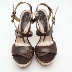 Etro Brown Leather Platform Ankle Strap Sandals Size 38