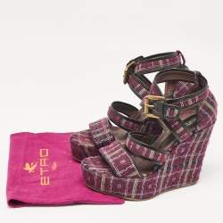 Etro Magenta Pink/Black Tweed and Leather Platform Wedge Sandals Size 40