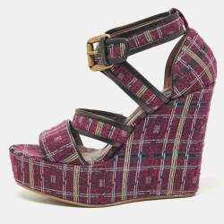Etro Magenta Pink/Black Tweed and Leather Platform Wedge Sandals Size 40