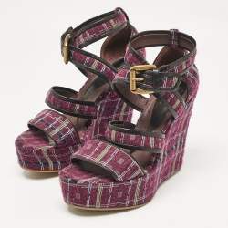 Etro Magenta Pink/Black Tweed and Leather Platform Wedge Sandals Size 40