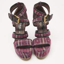 Etro Magenta Pink/Black Tweed and Leather Platform Wedge Sandals Size 40