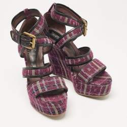 Etro Magenta Pink/Black Tweed and Leather Platform Wedge Sandals Size 40