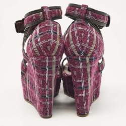 Etro Magenta Pink/Black Tweed and Leather Platform Wedge Sandals Size 40