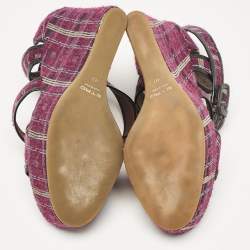 Etro Magenta Pink/Black Tweed and Leather Platform Wedge Sandals Size 40