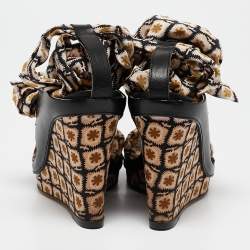 Etro Beige/Black Fabric and Leather Wedge Ankle Wrap Sandals Size 37
