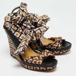 Etro Beige/Black Fabric and Leather Wedge Ankle Wrap Sandals Size 37