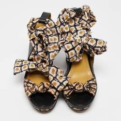Etro Beige/Black Fabric and Leather Wedge Ankle Wrap Sandals Size 37