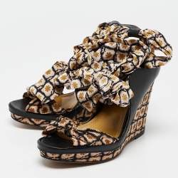Etro Beige/Black Fabric and Leather Wedge Ankle Wrap Sandals Size 37