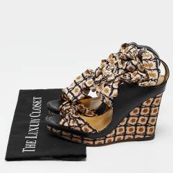 Etro Beige/Black Fabric and Leather Wedge Ankle Wrap Sandals Size 37