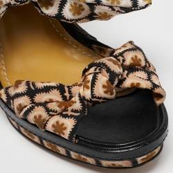 Etro Beige/Black Fabric and Leather Wedge Ankle Wrap Sandals Size 37