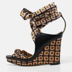 Etro Beige/Black Fabric and Leather Wedge Ankle Wrap Sandals Size 37