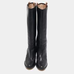 Etro Black Leather Western Carving Cowboy Knee Length Boots Size 40