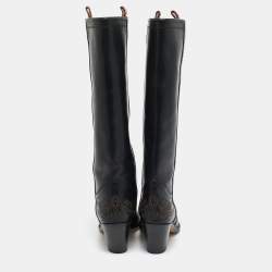 Etro Black Leather Western Carving Cowboy Knee Length Boots Size 40