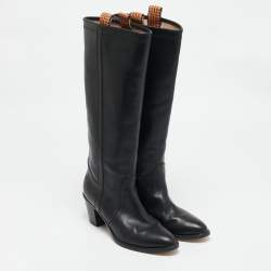 Etro Black Leather Western Carving Cowboy Knee Length Boots Size 40