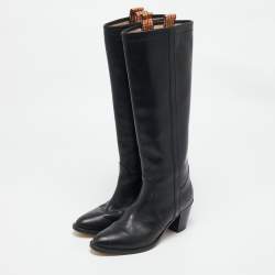 Etro Black Leather Western Carving Cowboy Knee Length Boots Size 40