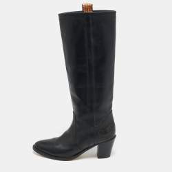 Etro Black Leather Western Carving Cowboy Knee Length Boots Size 40
