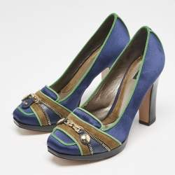 Etro Blue/Green Satin Zip Embellished Block Heel Pumps Size 38