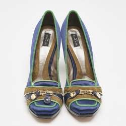Etro Blue/Green Satin Zip Embellished Block Heel Pumps Size 38