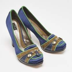 Etro Blue/Green Satin Zip Embellished Block Heel Pumps Size 38
