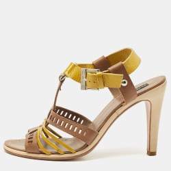 Etro Beige/Lime Green Patent and Leather Perforated Ankle Strap Sandals Size 39