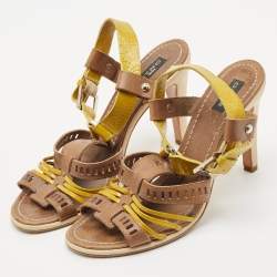 Etro Beige/Lime Green Patent and Leather Perforated Ankle Strap Sandals Size 39